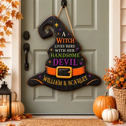Our Little Haunted Love Story Personalized Door Sign, Custom Couple Names Witch Hat Decor, Halloween Home Decoration For Couples