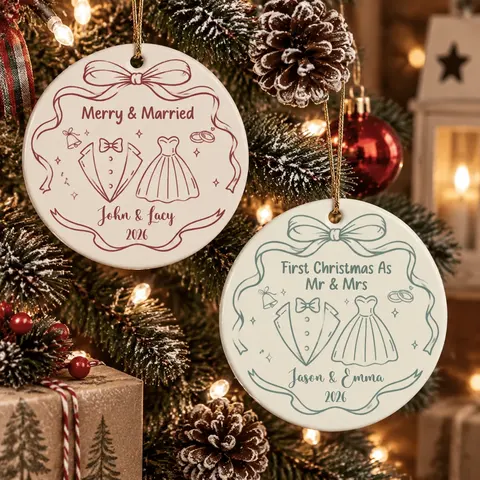 Personalized Ceramic Christmas Ornament Round Shape Custom Name Wedding Outfit First Christmas Married Tuxedo Dress Christmas Gift