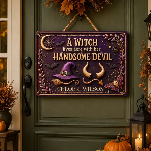 My Witch My Devil Personalized Door Sign, Custom Couple Name Halloween Decor, Gothic Fantasy Hanging Sign, Gift For Him And Her