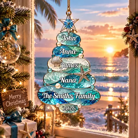 Personalized Sea Glass Christmas Tree Ornament, Custom Family Name Suncatcher, Coastal Beach Christmas Decor, Ocean Lover Gift