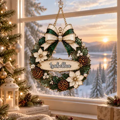 Personalized Christmas Reindeer Faux Stained Glass Suncatcher, Custom Name Winter Window Hanging, Holiday Home Decor Gift