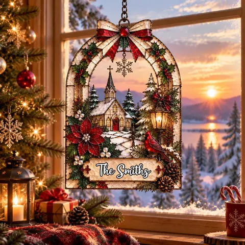Personalized Christmas Faux Stained Glass Suncatcher, Custom Family Name Winter Window Hanging, Holiday Home Decor Gift