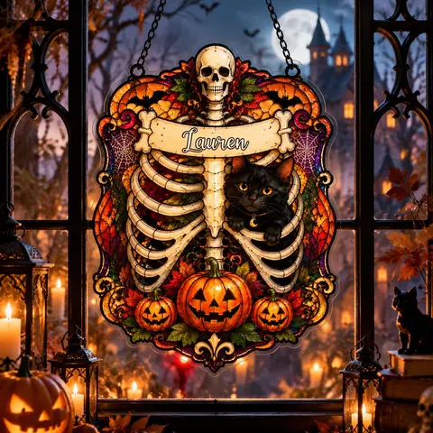 Personalized Gothic Skeleton Cat Memorial Acrylic Suncatcher, Custom Black Cat Name Window Hanging, Spooky Pet Loss Gift