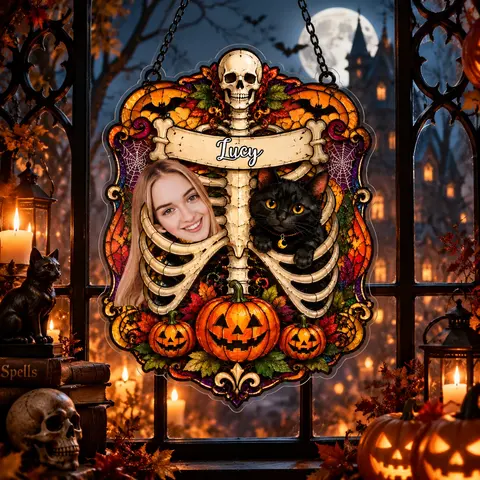 Personalized Custom Face & Black Cat Memorial Acrylic Suncatcher, Gothic Skeleton Photo Window Hanging, Halloween Pet Loss Gift
