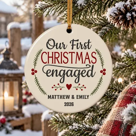 Personalized Ceramic Christmas Ornament Round Shape Custom Name First Christmas Engaged Couple Wreath Love Christmas Gift