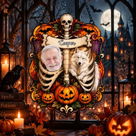Personalized Custom Face & Dog Memorial Acrylic Suncatcher, Gothic Skeleton Photo Window Hanging, Halloween Pet Loss Gift