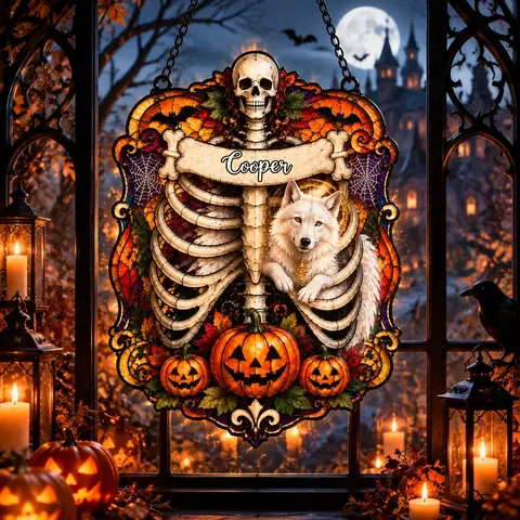 Personalized Dog Memorial Acrylic Suncatcher, Gothic Skeleton Dog Window Hanging, Halloween Pet Loss Gift, Custom Dog Name Decor