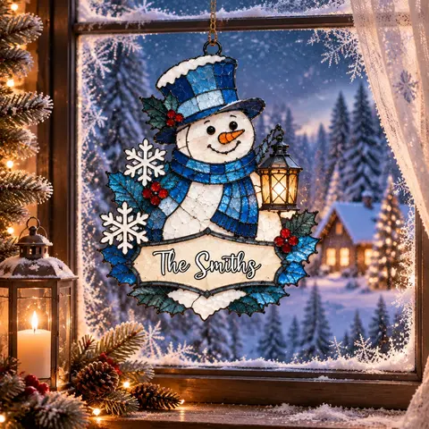 Personalized Snowman Christmas Faux Stained Glass Suncatcher, Custom Family Name Blue Winter Window Hanging, Holiday Decor Gift