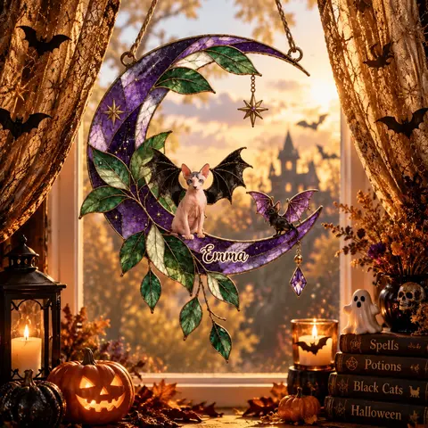Personalized Sphynx Cat & Bat Wing Acrylic Suncatcher, Custom Pet Photo & Name Gothic Moon Window Hanging, Spooky Halloween Gift