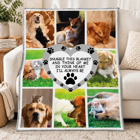 Personalized Photo Blanket Custom Pet Name, Snuggle This Blanket And Think Of Me Memorial Gift, Custom Puppy Picture Fleece Blanket For Dog Lovers