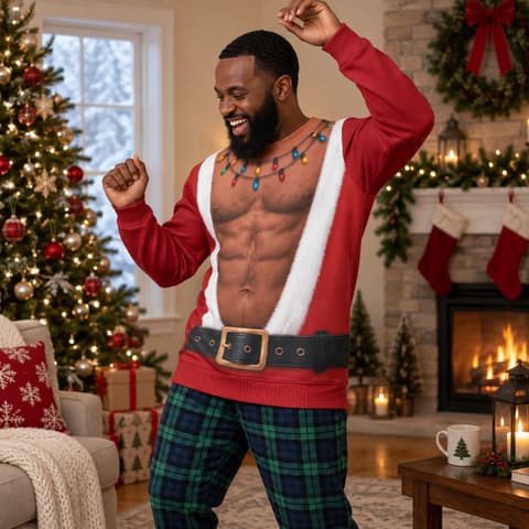 Christmas Lights Santa Belly Design Sweatshirt - Santa Suit Ugly Christmas Sweater