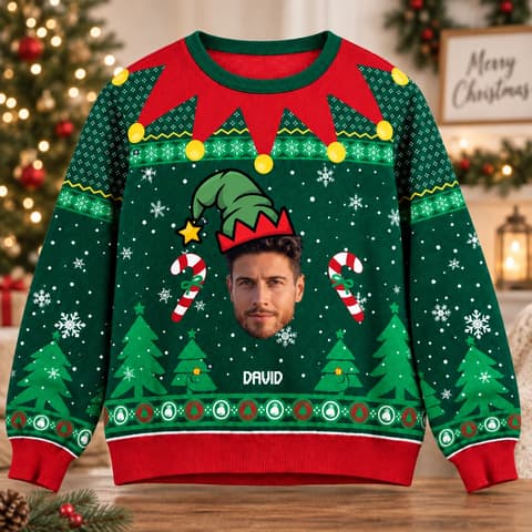 Custom Face Elf Sweater - Personalized Christmas Ugly Sweatshirt With Face Photo