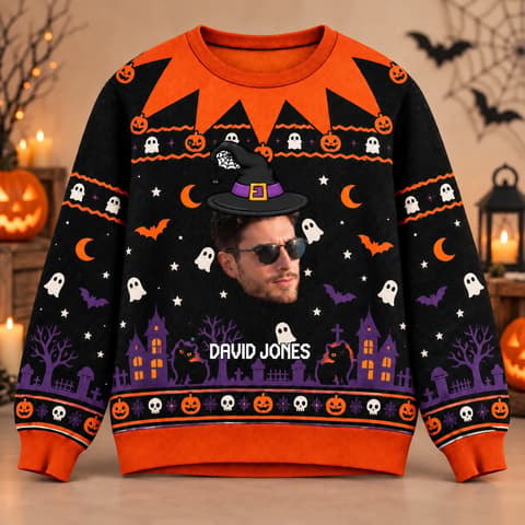 Spooky Halloween Ugly Sweater - Personalized Halloween Ugly Sweatshirt With Face Photo And Witch Hat Sweater