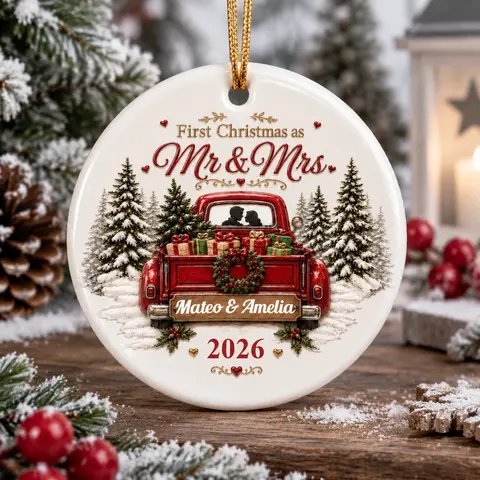 Personalized Ceramic Christmas Ornament Round Shape Custom Name First Christmas As Mr & Mrs Red Truck Winter Wedding Christmas Gift