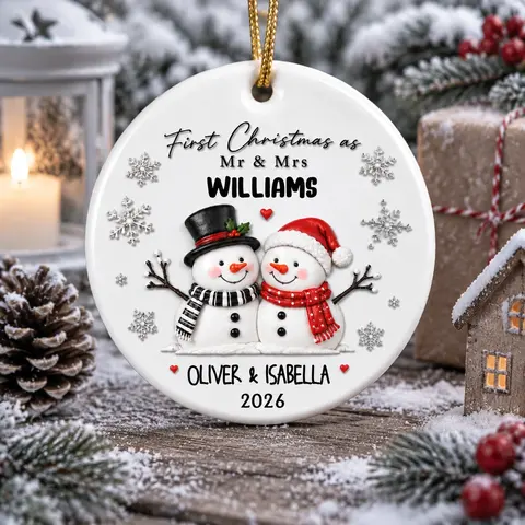 Personalized Ceramic Christmas Ornament Round Shape Custom Names First Christmas As Mr & Mrs Snowman Couple Winter Christmas Gift