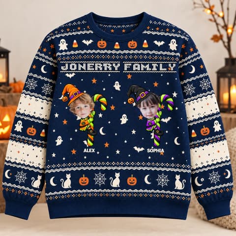 Personalized Choose Character Clipart Halloween Ugly Sweatshirt - Custom Family Name And Kids Names Sweater, Custom Face Halloween Sweater