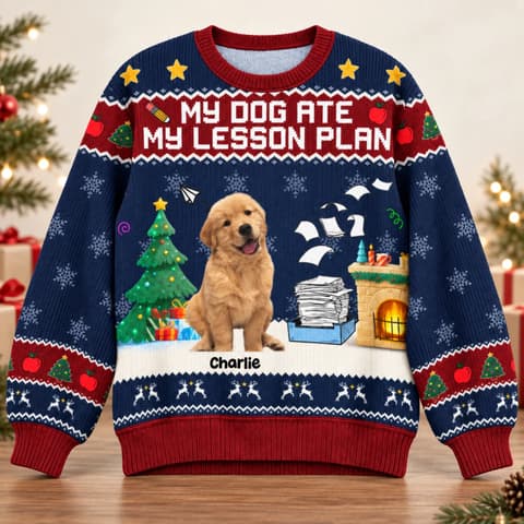 Personalized Christmas Ugly Sweatshirt With Dog Photo - Custom Pet Portrait Sweater