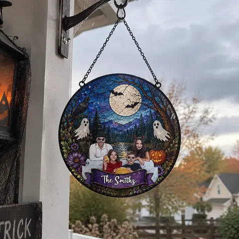 Personalized Family Halloween Stained Glass Suncatcher, Custom Couple & Names Spooky Window Hanging, Gothic Autumn Home Decor Gift