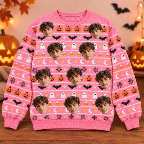Personalized Halloween Ugly Sweatshirt With Face Photo - Custom Face All Over Print Sweater