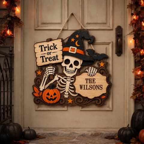 Custom Family Name Halloween Door Sign, Skeleton Trick Or Treat Decor, Witch Hat Pumpkin Hanging Sign, Personalized Spooky Home Gift