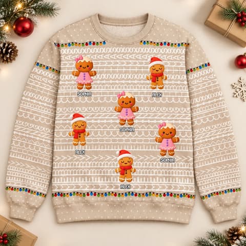 Custom Name Ugly Sweater With Clipart Character Christmas Sweatshirt - Cute Gingerbread Christmas Gift