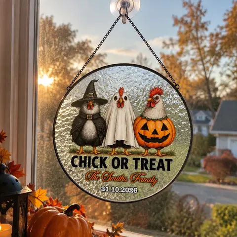 Personalized "Chick Or Treat" Chicken Halloween Stained Glass Suncatcher, Custom Family & Couple Names Spooky Window Hanging, Farmhouse Fall Decor Gift