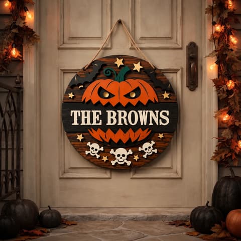 Our Halloween Family Crest Personalized Sign, Custom Family Name Pumpkin Decor, Jack O Lantern Front Door Hanging Decoration