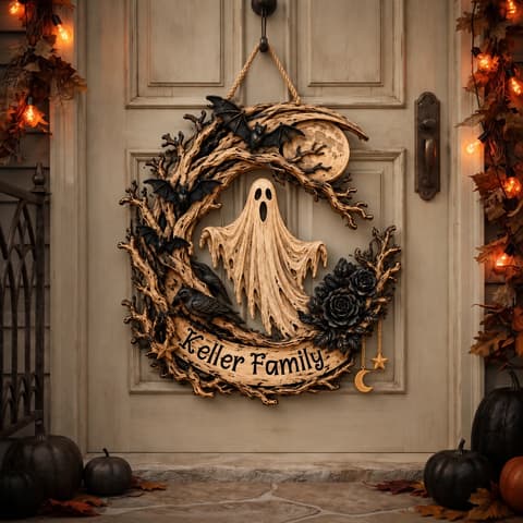 Custom Text Halloween Door Sign, Ghost Moonlight Wreath Decor, Bat Black Rose Hanging Sign, Personalized Spooky Home Decoration