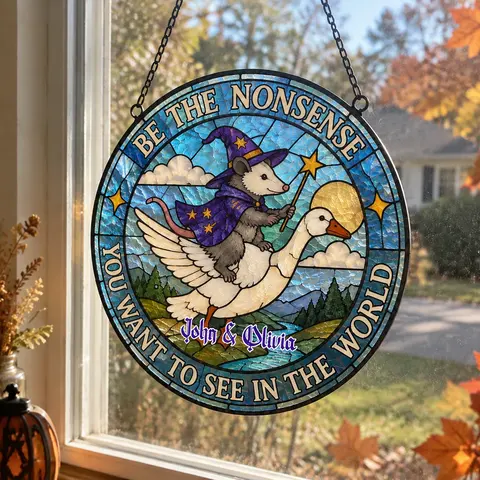 Wizard Opossum Riding Goose Stained Glass Suncatcher, Funny Meme Animal Window Hanging Decor, Absurd Nonsense Quote Ornament, Gift For Friend
