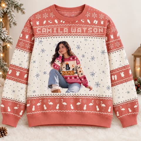 Personalized Christmas Ugly Sweatshirt With Portrait Photo And Name