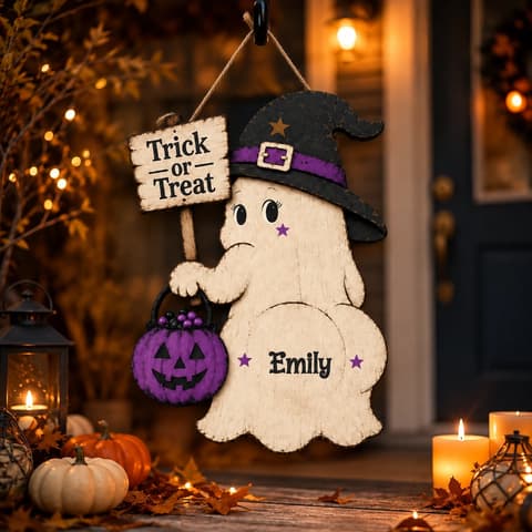 The Little Witch Ghost Lives Here Personalized Halloween Sign, Custom Name Trick Or Treat Decor, Purple Pumpkin Door Hanging Decoration