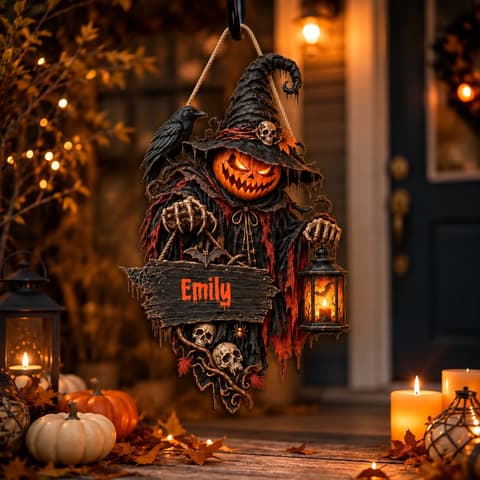 Personalized Halloween Door Sign Custom Name Family Name, Haunted Pumpkin Guardian Decor, Raven Witch Lantern Hanging Sign, Gothic Front Door Halloween Gift