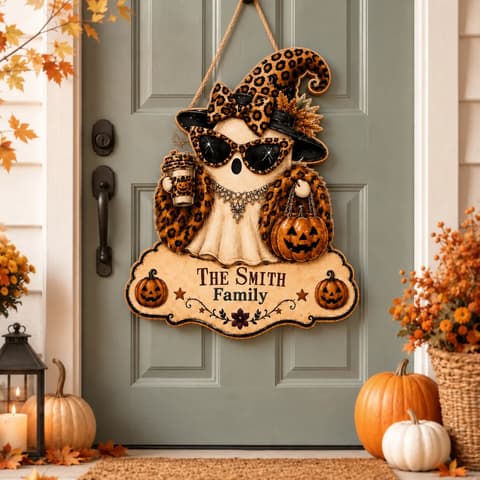 The Glam Ghost Lives Here Personalized Halloween Sign, Custom Family Name Leopard Witch Decor, Pumpkin Ghost Door Hanging Decoration