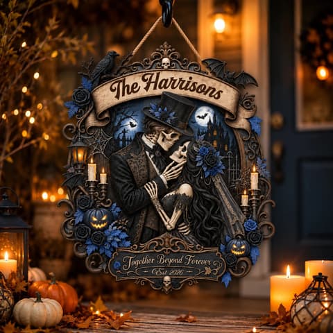 Together Beyond Forever Personalized Halloween Door Sign, Custom Family Name & Est Year, Skeleton Couple Gothic Romance Decor, Haunted Wedding Home Gift