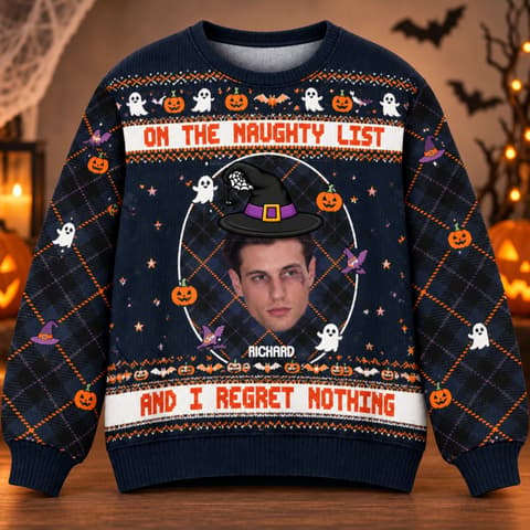 Funny Naughty List Halloween Sweater - Personalized Halloween Ugly Sweatshirt With Face And Name