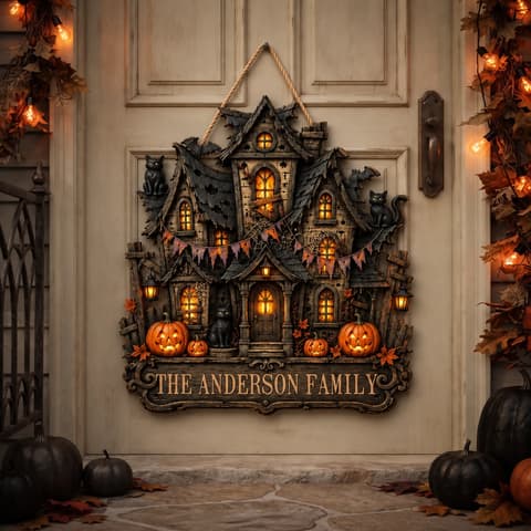 Our Haunted House Personalized Halloween Door Sign, Custom Family Name Gothic Manor Decor, Black Cat Pumpkin Front Door Hanging Sign, Family Halloween Gift