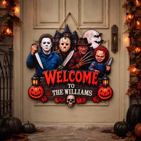 Welcome To Our Nightmare Personalized Halloween Door Sign, Custom Family Name Horror Movie Decor, Slasher Haunted House Front Door Sign, Halloween Gift