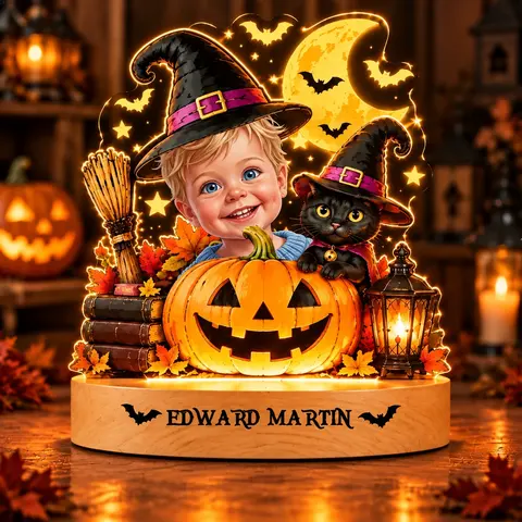 Personalized "Little Witch & Cat" Kids & Pet Photo Halloween Led Night Light