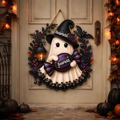 Custom Name Halloween Door Sign, Witch Ghost Candy Decor, Personalized Purple Pumpkin Hanging Sign, Cute Gothic Halloween Gift