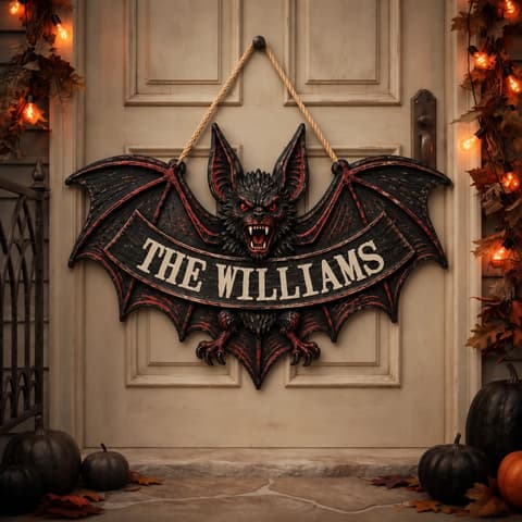 Personalized Halloween Door Sign Custom Name Family Name, Vampire Bat Guardian Decor, Gothic Bat Wing Hanging Sign, Spooky Room Door Halloween Gift