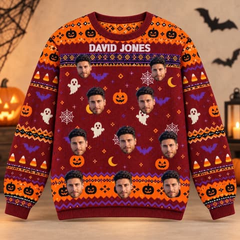 Burgundy Pumpkin Ghost Sweater - Custom Face Pattern Ugly Sweater