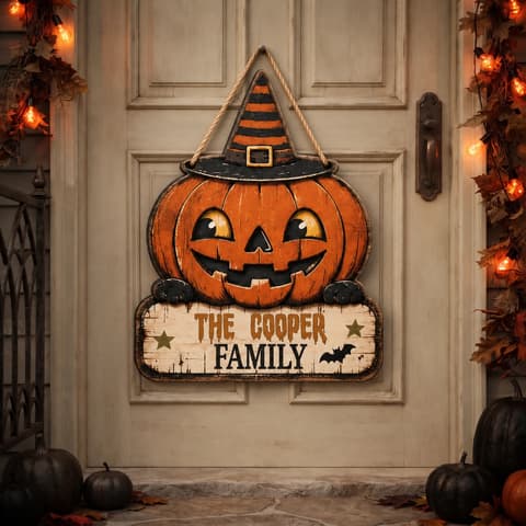 Custom Family Name Halloween Door Sign, Jack O Lantern Pumpkin Decor, Witch Hat Hanging Sign, Personalized Halloween Home Decoration Gift