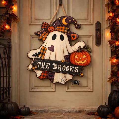 The Little Ghost’S Halloween Home Personalized Sign, Custom Family Name Patchwork Ghost Decor, Pumpkin Witch Door Hanging Decoration