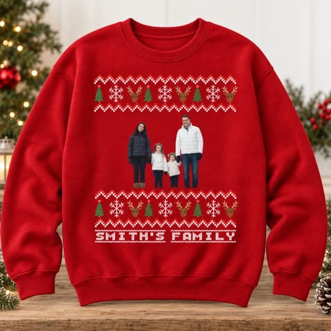 Personalized Christmas Family Sweatshirt - Custom Photo And Name Ugly Sweater
