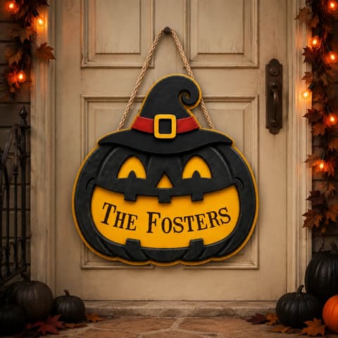 Our Pumpkin Family Halloween Sign, Personalized Custom Name Jack O Lantern Door Decor, Classic Witch Hat Front Door Decoration