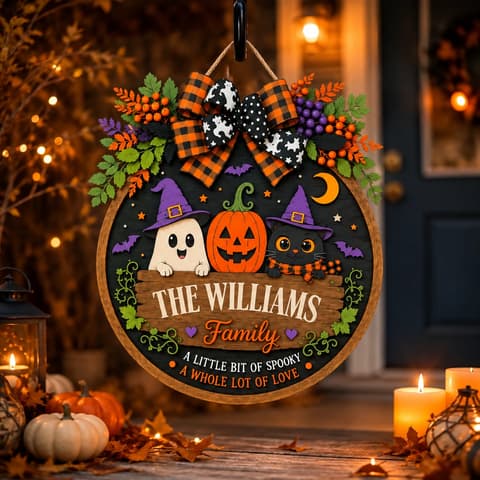 Personalized Halloween Door Sign Custom Family Name, Ghost Pumpkin Black Cat Decor, A Little Bit Spooky Hanging Sign, Cute Front Door Halloween Gift