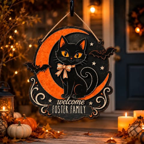 Personalized Halloween Door Sign Custom Family Name, Black Cat Moon Decor, Witchy Bat Hanging Sign, Spooky Front Door Halloween Gift
