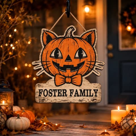 Custom Family Name Halloween Door Sign, Black Cat Pumpkin Decor, Personalized Jack O Lantern Hanging Sign, Cute Halloween Home Gift