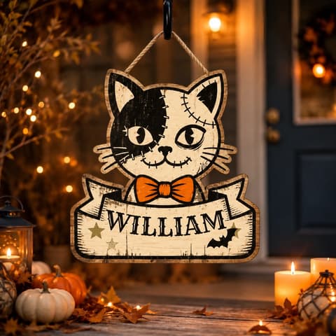Custom Name Halloween Door Sign, Stitched Cat Decor, Personalized Black Cat Hanging Sign, Cute Gothic Halloween Home Decoration Gift