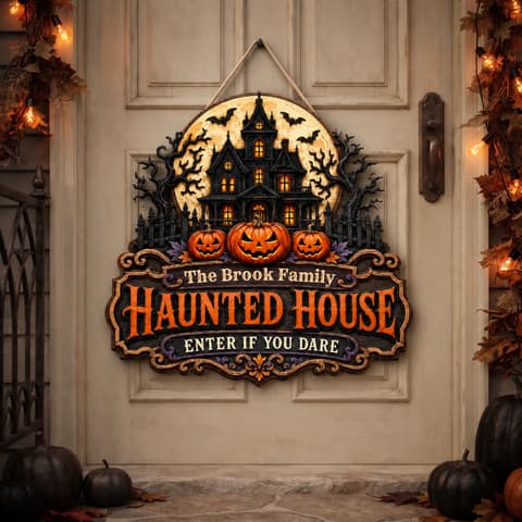 The Family Haunted Manor Personalized Halloween Sign, Custom Name Gothic Castle Decor, Pumpkin Front Door Hanging Decoration